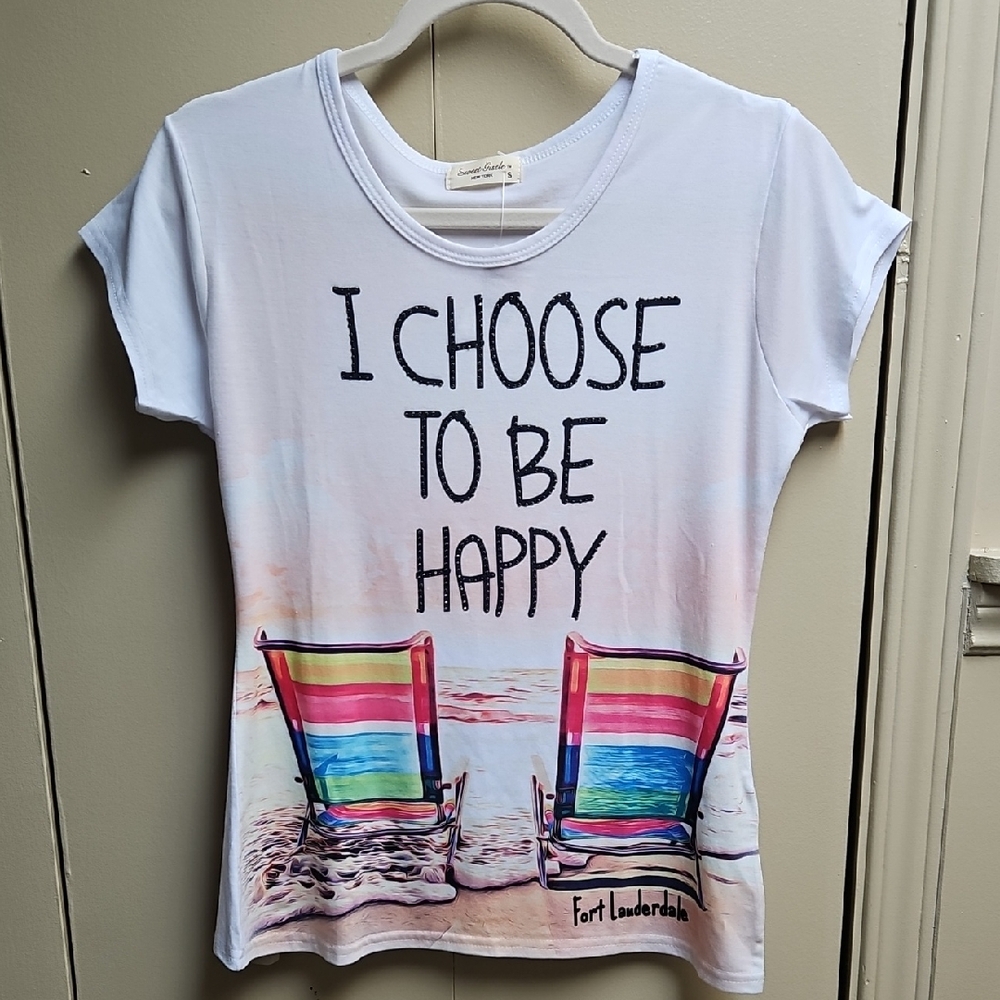37. Ladies Small Short Sleeve "I CHOOSE TO BE HAPPY" Colourful T-shirt